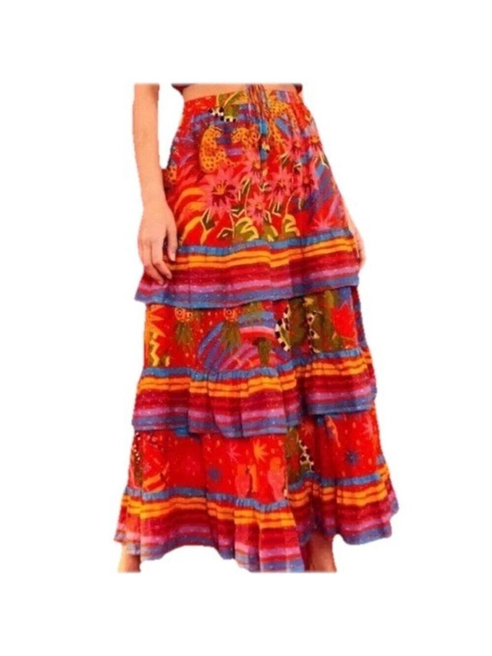 Farm Rio Magic Forest Midi in Red Swiss Dot Ruffle Tiered Skirt Small $185 Boho
